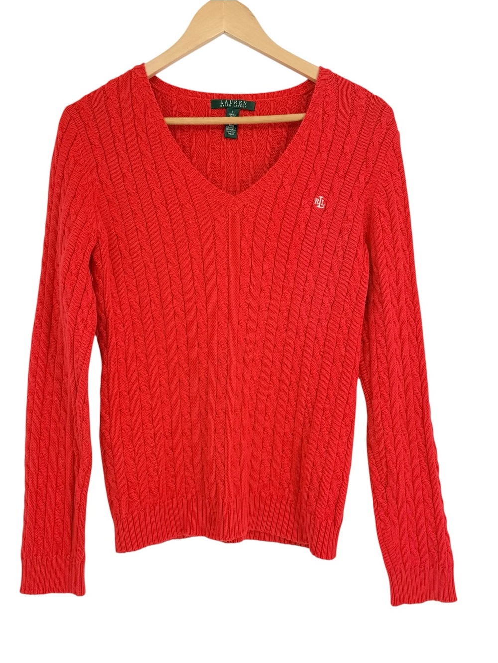 Lauren Ralph Lauren Cable Knit V-Neck Sweater Womens L Orange Cotton Logo Preppy